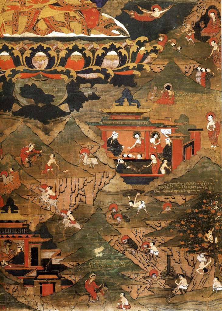 British Museum Top 20 Buddhism 15-2 Buddha With Scenes Of His Former Lives Tangka Close Up 15. Shakyamuni Buddha With Scenes Of His Former Lives Tangka Close Up � Tibet, around 1600, 71 x 48 cm. Here is the bottom right corner of the tangka showing three of Shakyamuni Buddha�s former lives, or jatakas: Mahabodhi, Great Ape, and Skarabha Deer. Photo � Marilyn Rhie and Robert Thurman: The Sacred Art Of Tibet.
